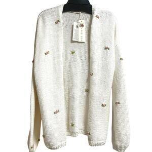Fanm Mon Hand Knit Pink Rose Cardigan Cotton Sweater | Womens M L NEW